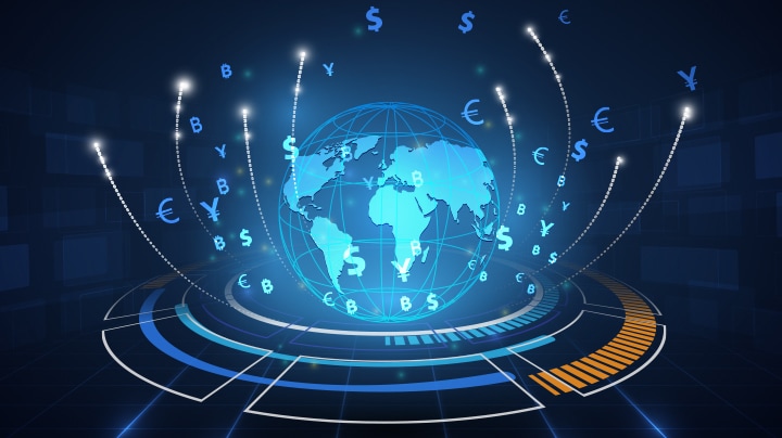 A picture of a globe with currency icons 
